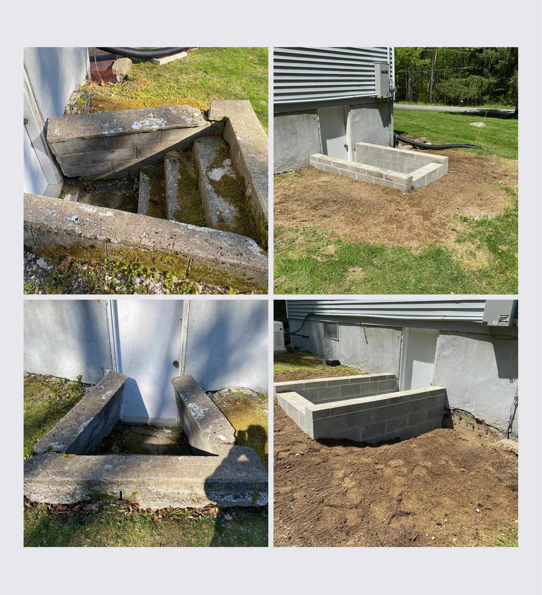 Comparison of an old, moss-covered concrete staircase before and a new cinder block staircase after construction.
