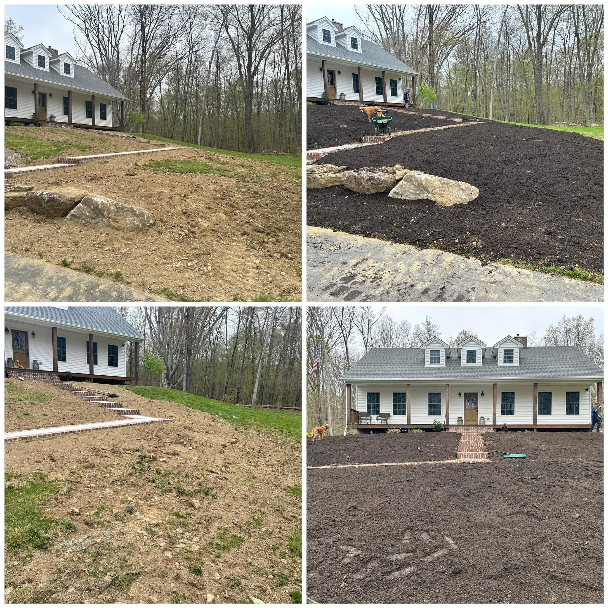 Sequence of four photos showing the landscaping process of a home's backyard. The first photo shows the yard with bare dirt and a few large rocks. The second photo shows the yard with newly added dark soil and plants, with a dog and people working. T