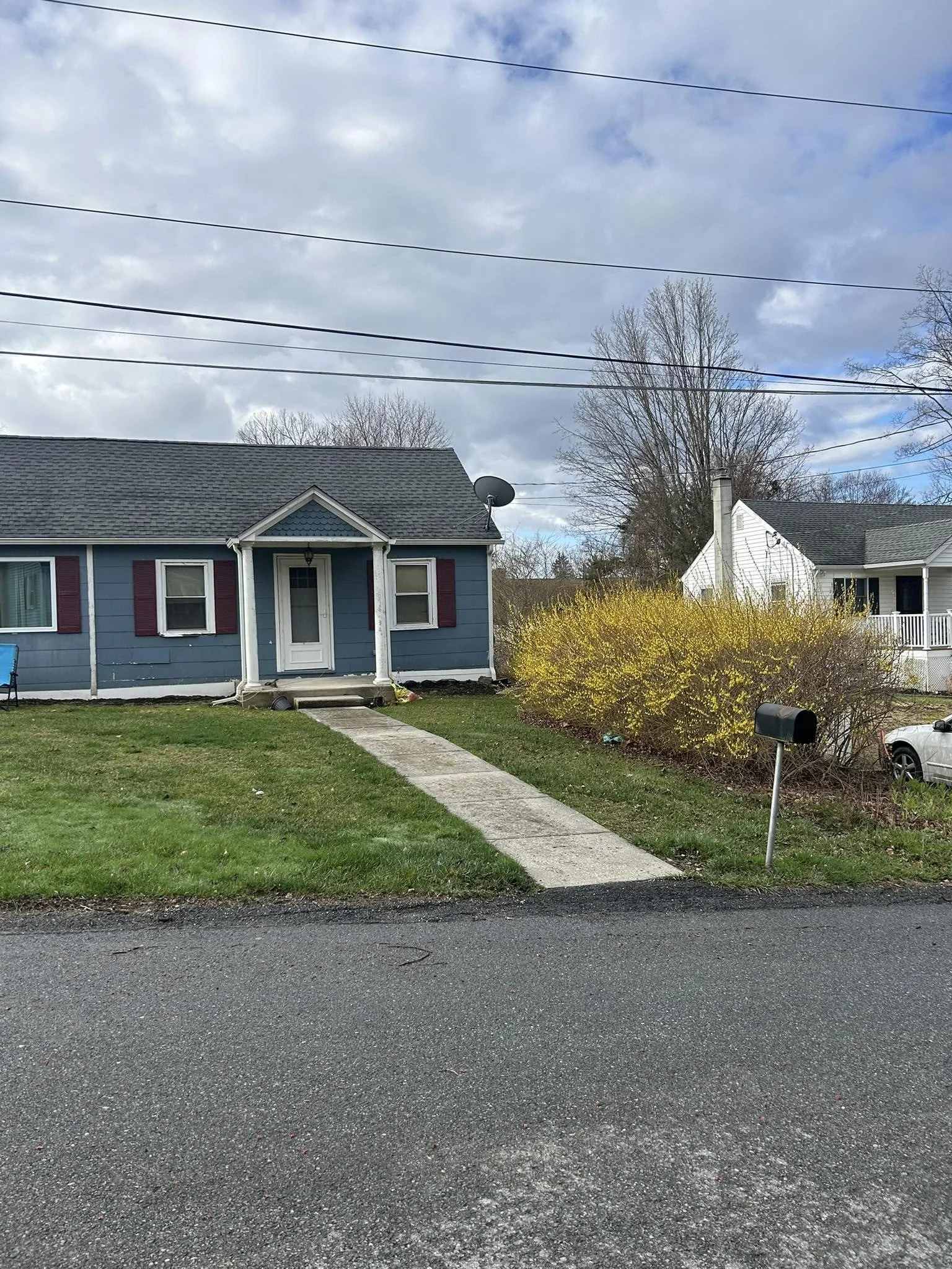 A blue single-story house with red shutters, a gray shingled roof, and a small porch, next to a road with a mailbox, and bushes with yellow flowers in front, under a partly cloudy sky.