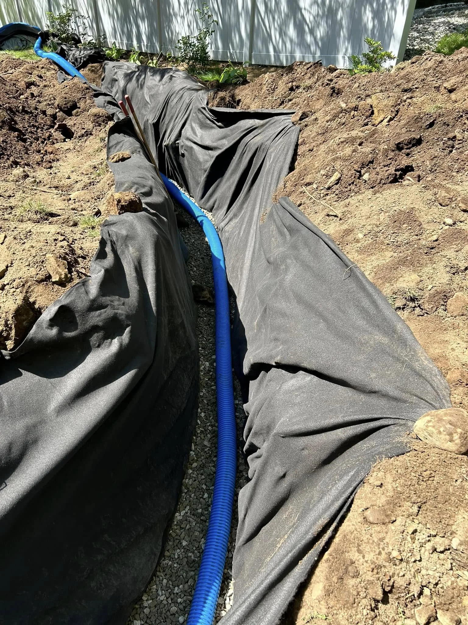 A "French drain"/curtain drain in the ground covered with black landscape fabric, with a blue corrugated pipe running through the trench, and 3/4 washed stone.