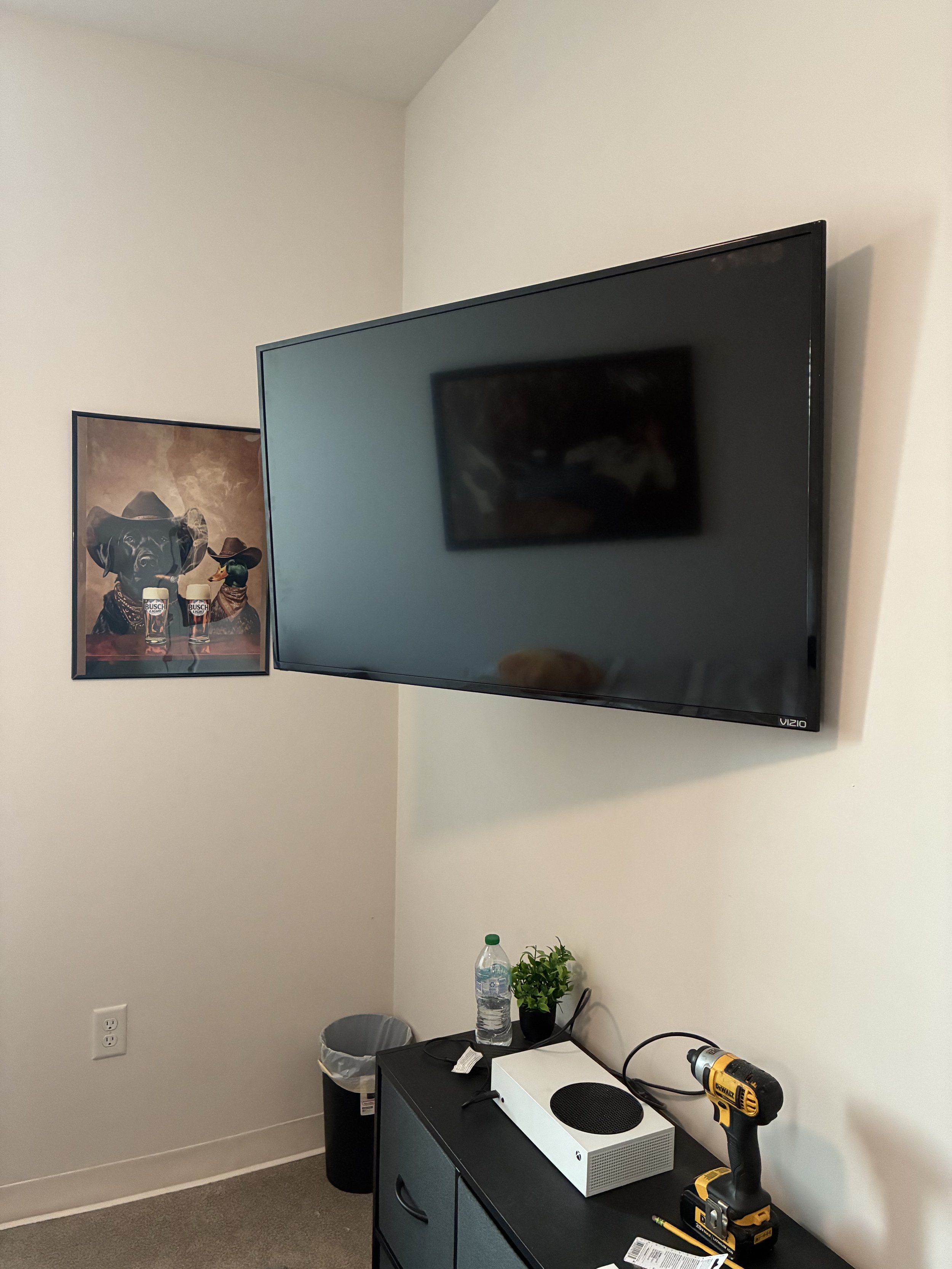 Wall-mounted television, framed dog artwork, small table with water bottle, potted plant, cordless drill, and white speaker in a room.