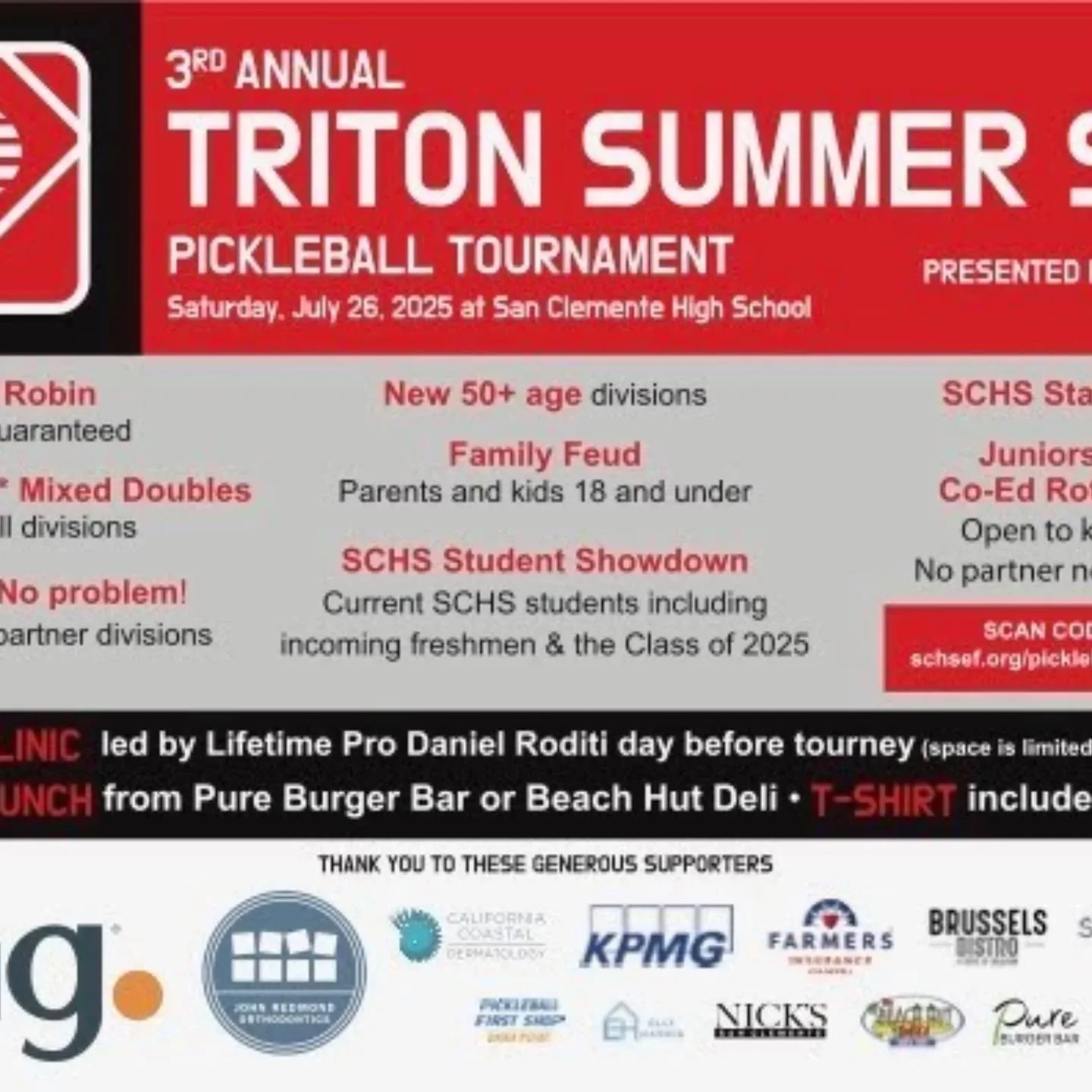 This Saturday come and support a great cause at San Clemente High School Pickleball Tournament!We will be there all day with a vendor booth selling Gear! Stop by Say hi! Details attached or check out the website for more information: Here's the reg l