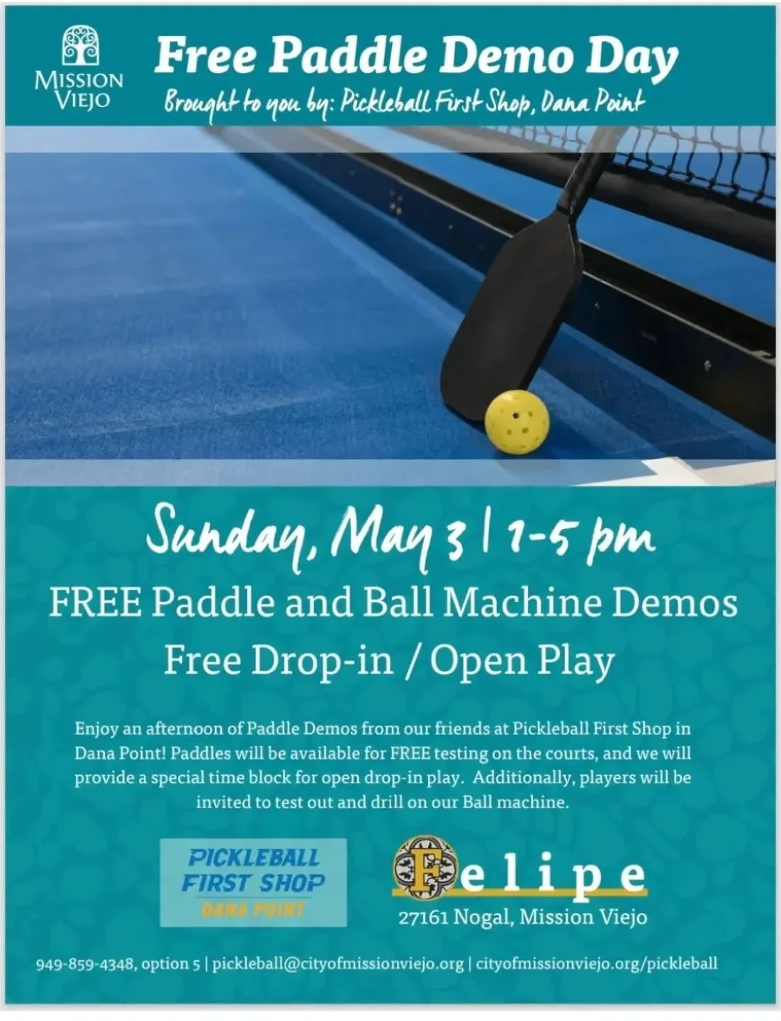 ❗️❗️New Date Free Paddle Demo from our friends at @pickleball_firstshop the demo is being hosted at Felipe Tennis and Pickleball Center Sunday May 3rd from 1-5pm ❗️❗️SPECIAL GUEST APPEARANCE Pickleball Major Pro is coming!