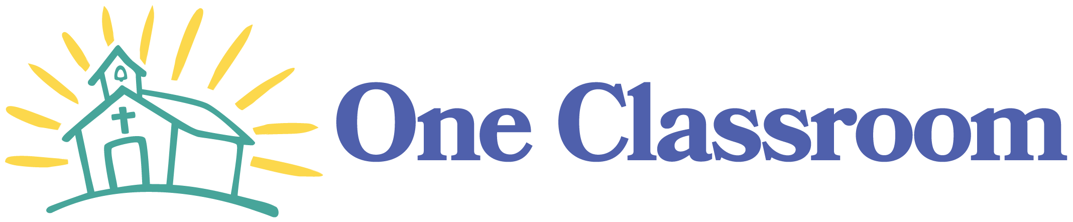 Logo with a church building with a cross, sun rays, and the text 'One Classroom' in blue.