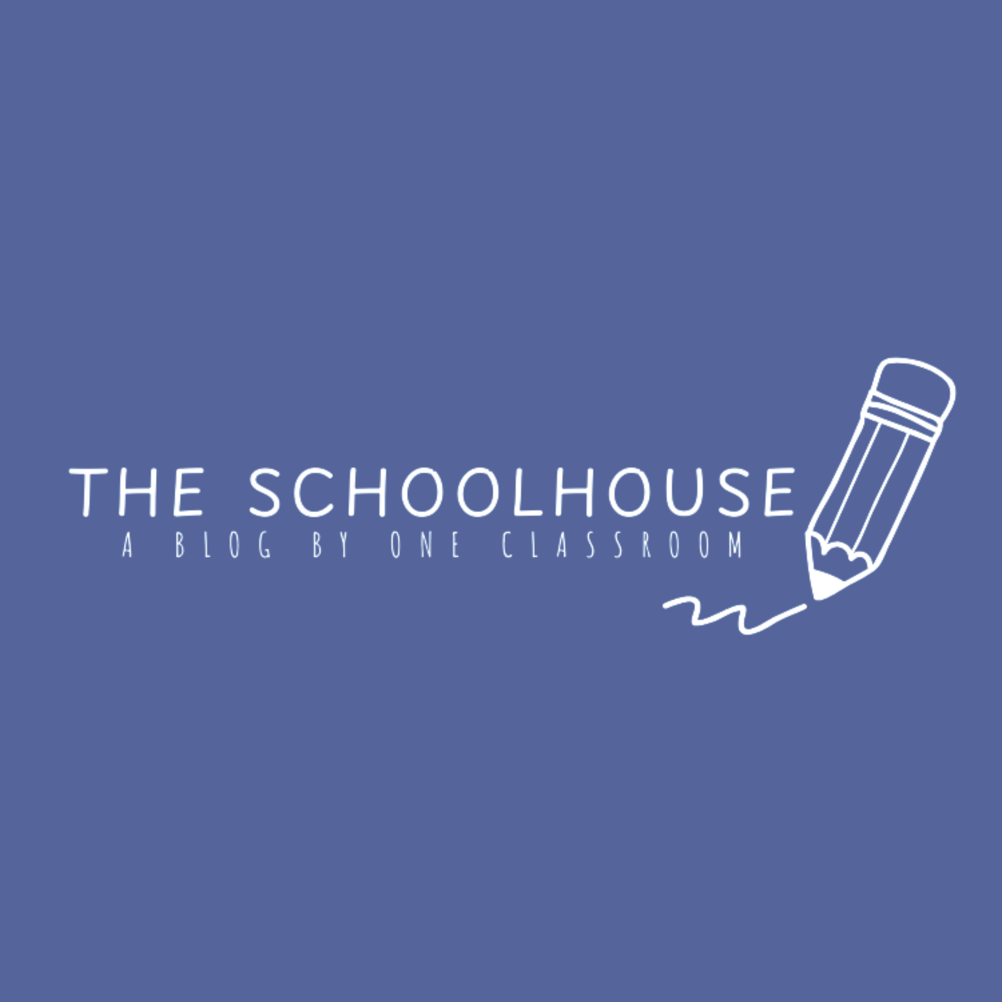 Close-up of a blue book cover titled "The Schoolhouse" with a white pencil illustration and the subtitle "A Blog by One Classroom".