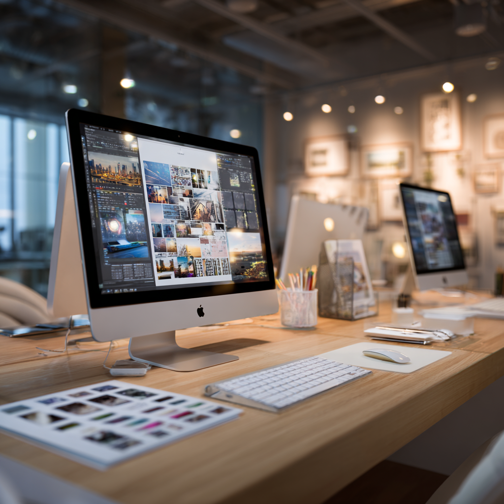 Workstation with an Apple iMac displaying a collage of cityscape photographs, surrounded by a keyboard, mouse, and other office supplies in a modern gallery-like office.