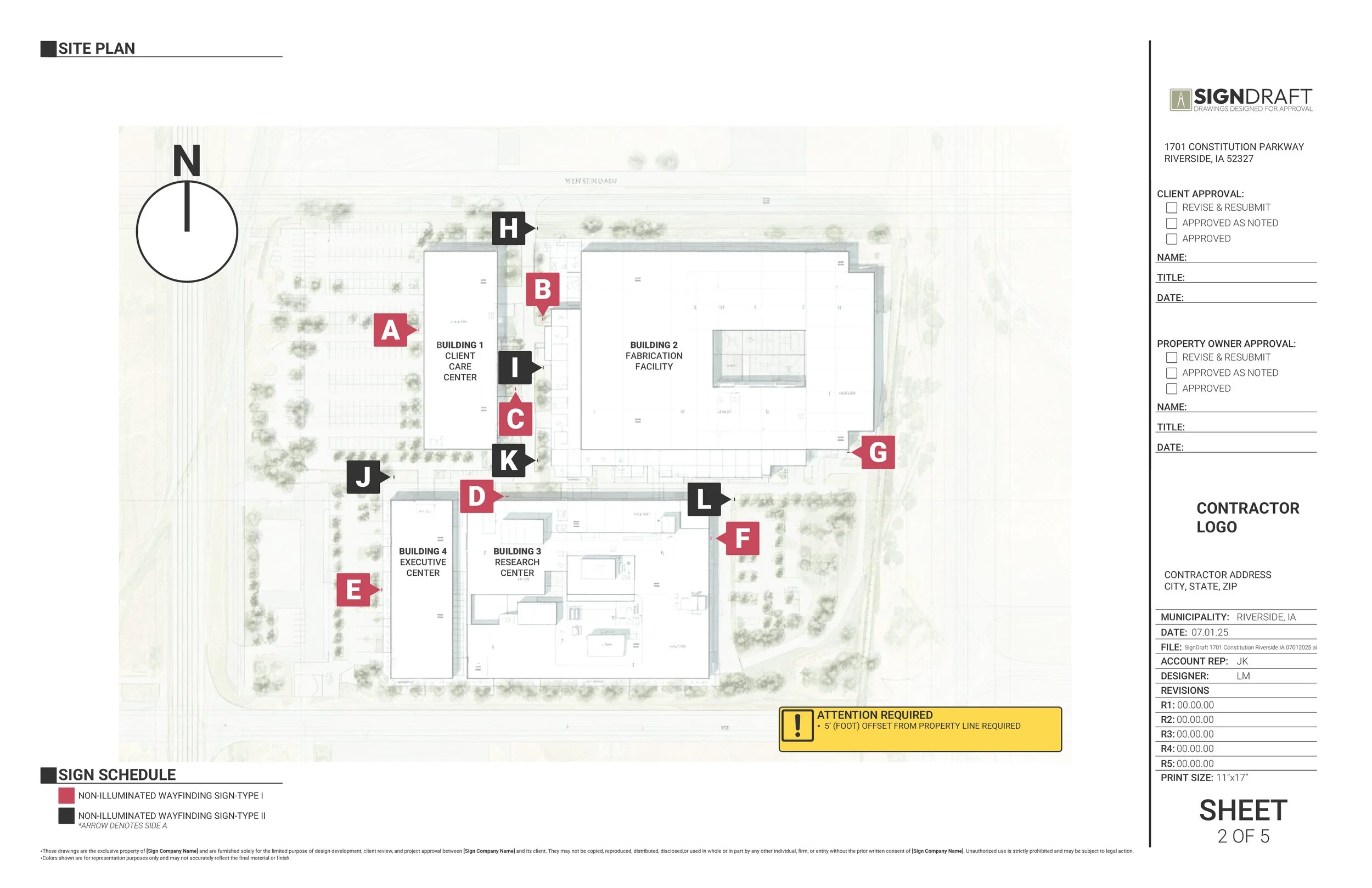 Site plan of a construction project with buildings, roads, and labeled signs, including a client care center, fabrication facility, research center, executive center, and various signs marked with letters from A to L.