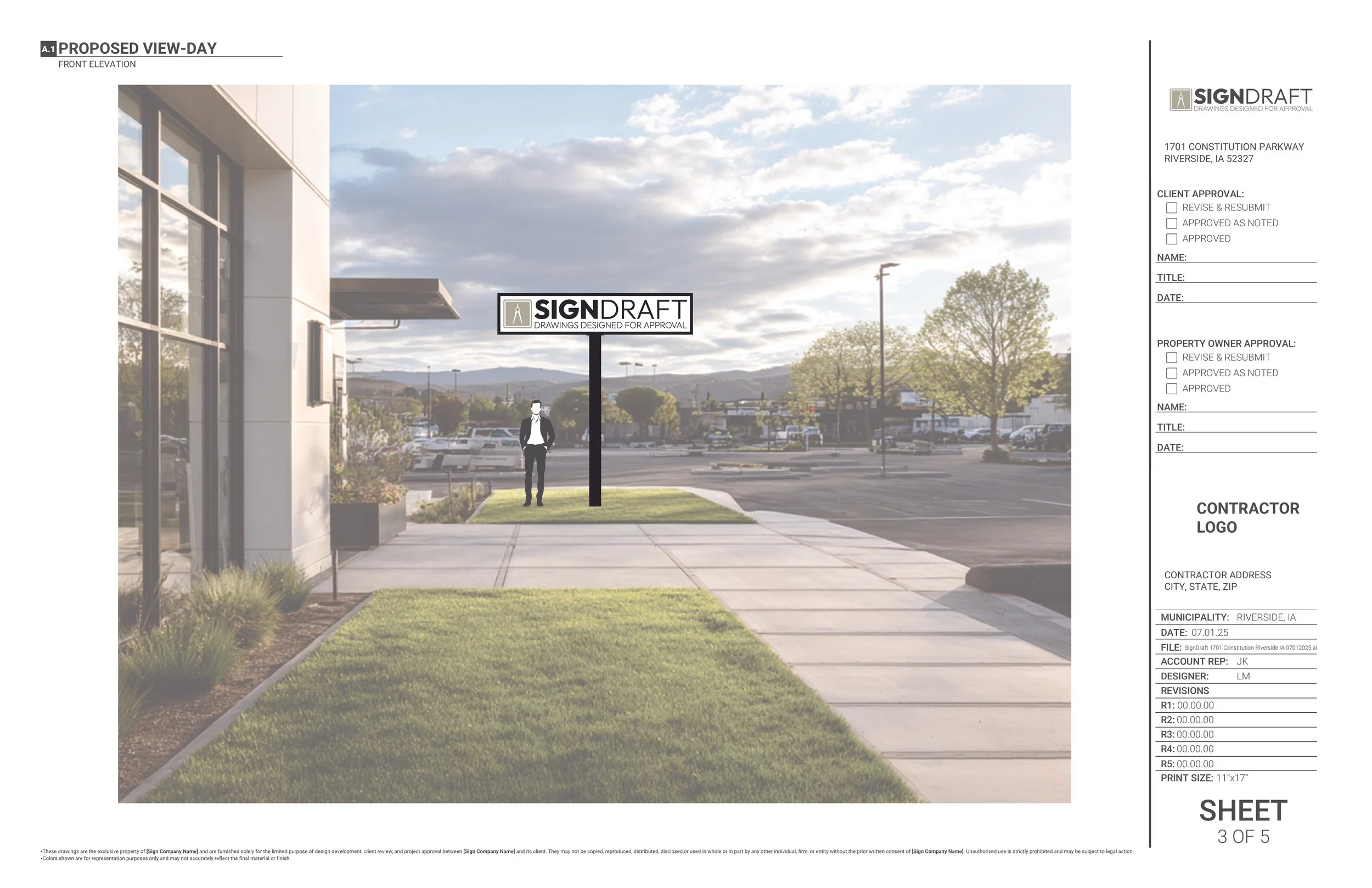 Rendering of a proposed outdoor sign for a business, placed on a landscaped sidewalk with a person standing nearby, with a parking lot, trees, and mountains in the background.