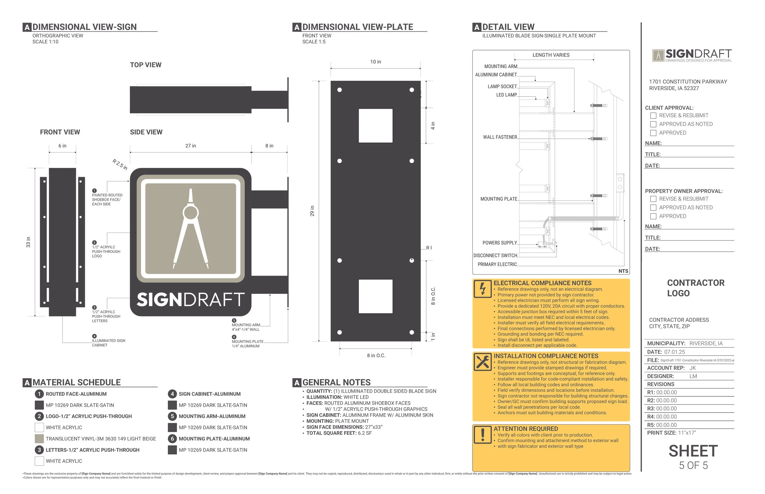 Technical drawing of a square illuminated sign with compass symbol, mounting arm, and detailed side, front, and top views, including electrical and installation notes.