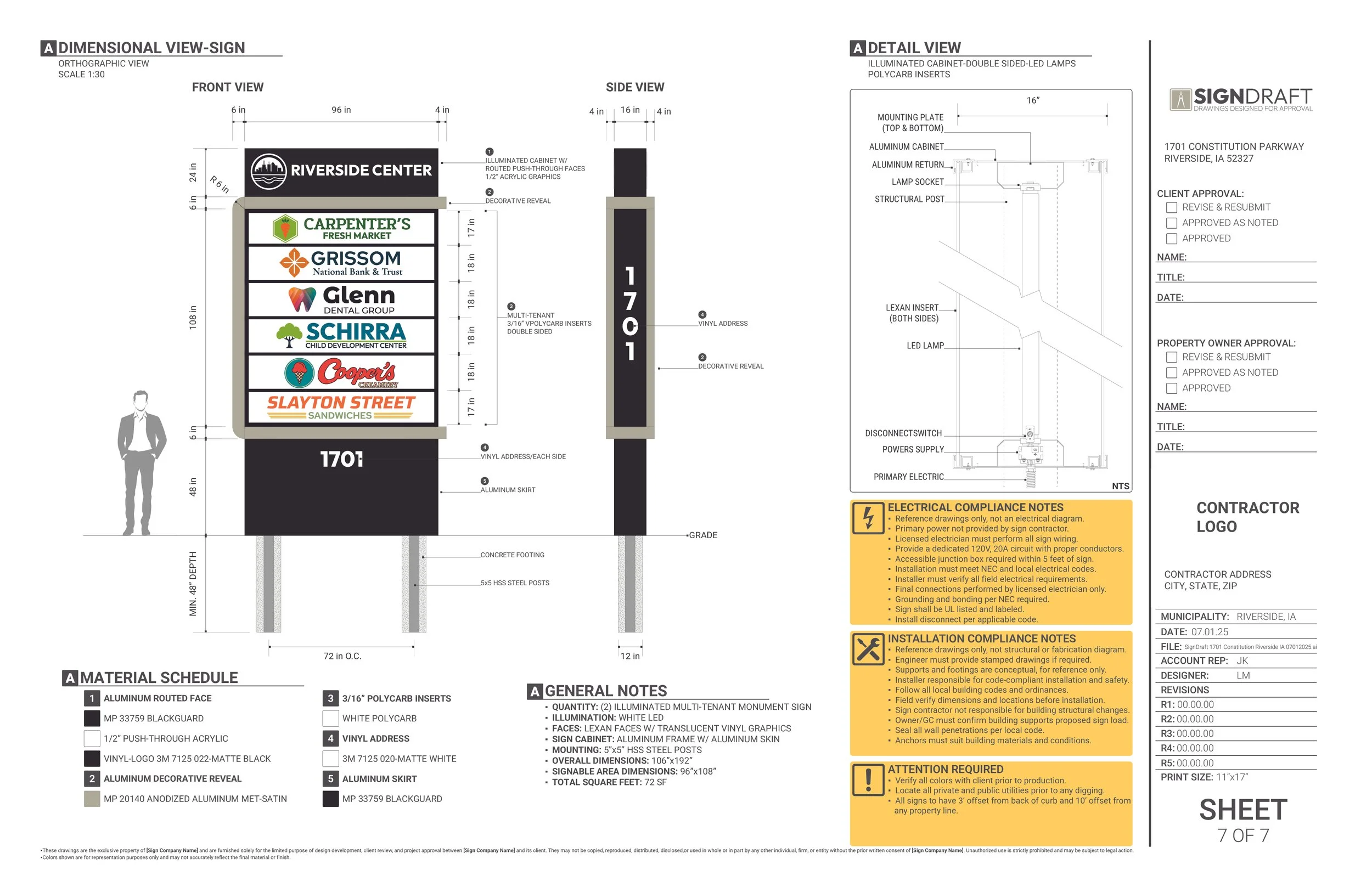 Detailed engineering drawing of an outdoor multi-tenant directory sign, displaying business names, logos, and address. The sign includes structural and electrical components, compliance notes, and installation instructions.