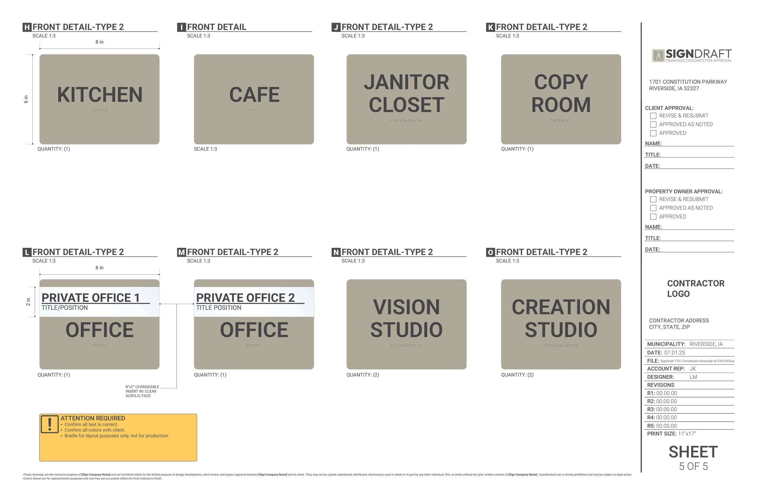 Architectural drawing of building interior labels, including kitchen, cafe, janitor closet, copy room, private offices, vision studio, and creation studio.