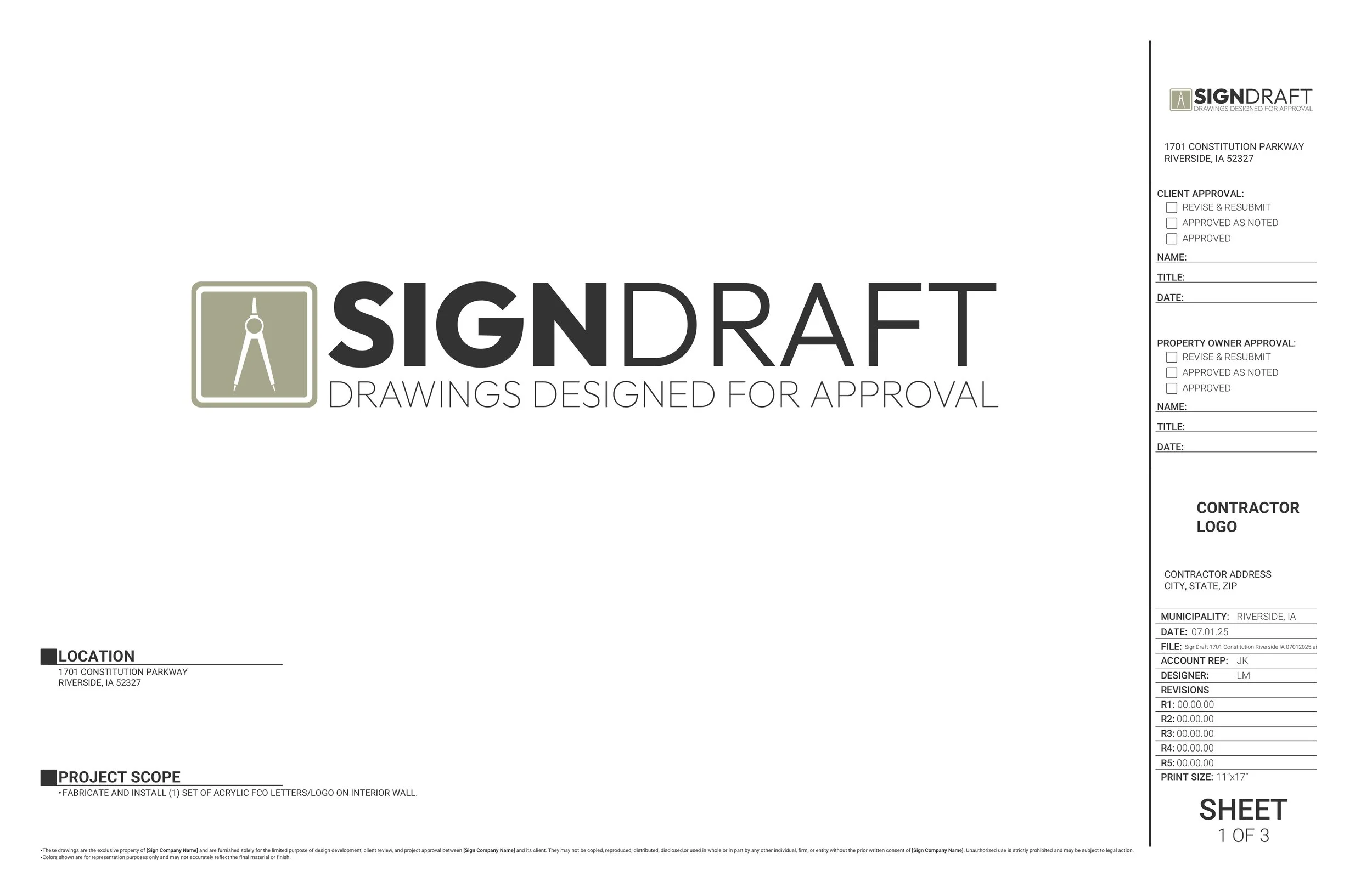 Construction drawing approval sheet with logo, project details, and approval checkboxes, designed by SIGNDRAFT.