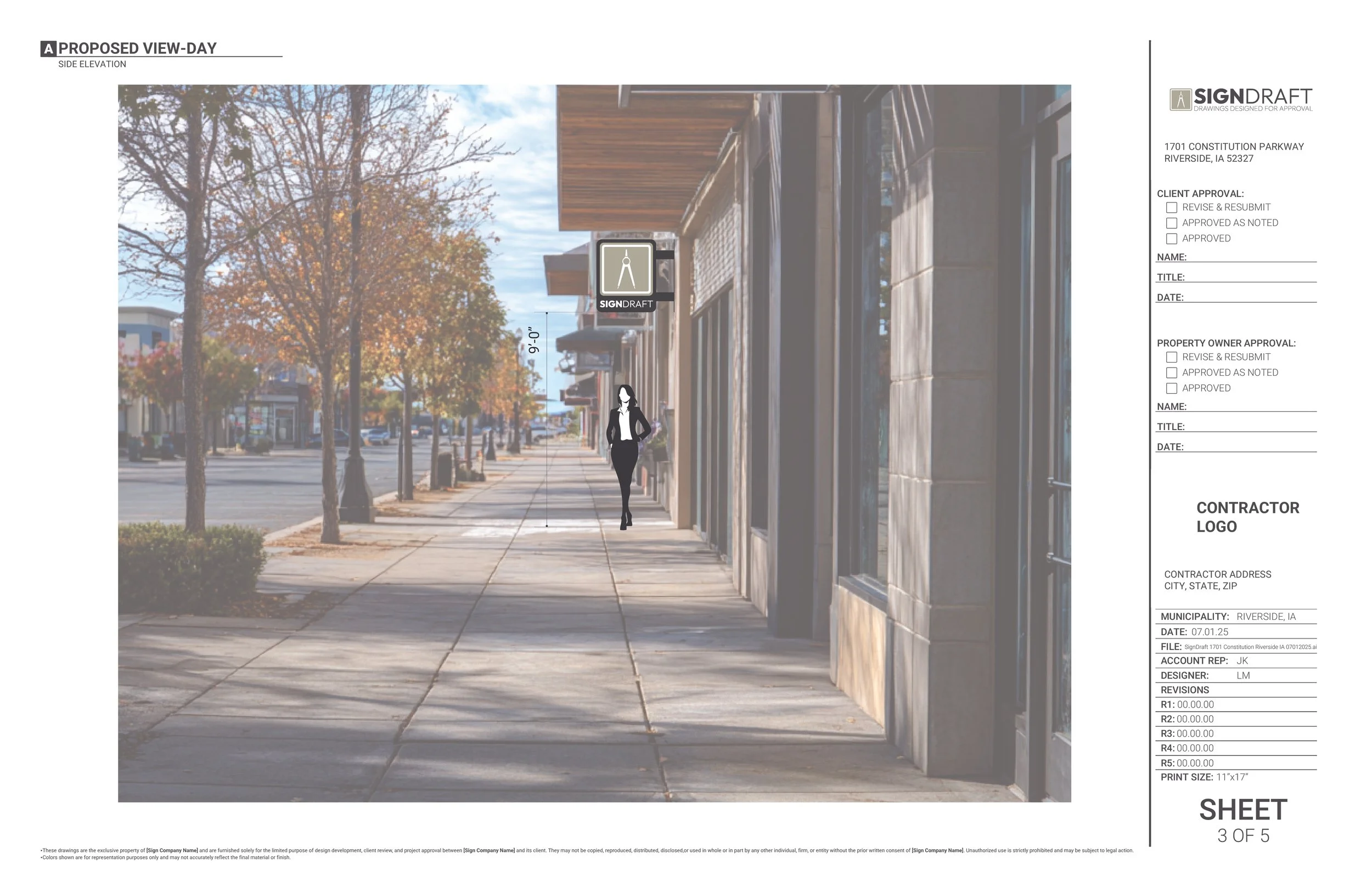 Draft of a sidewalk view with trees, storefronts, and a woman walking along the sidewalk, with a street in the background and an overhead pedestrian sign.