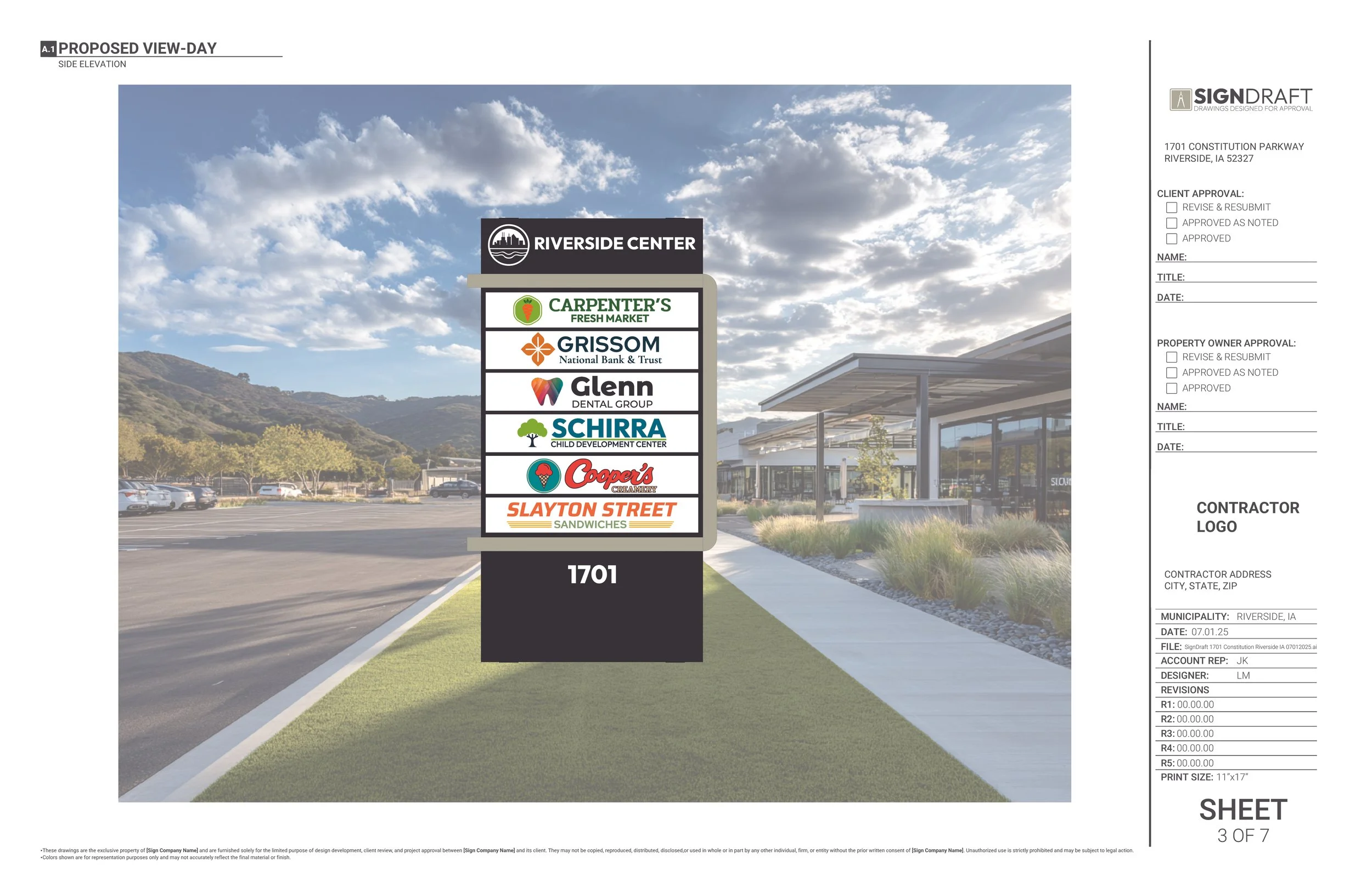 Rendering of a proposed outdoor shopping center signage with various business logos, including Riverside Center, Carpenter's Fresh Market, Grissom National Bank, Glenn Dental Group, Schirra Child Development Center, Cooper's, and Slayton Street Sandwiches, under a partly cloudy sky.