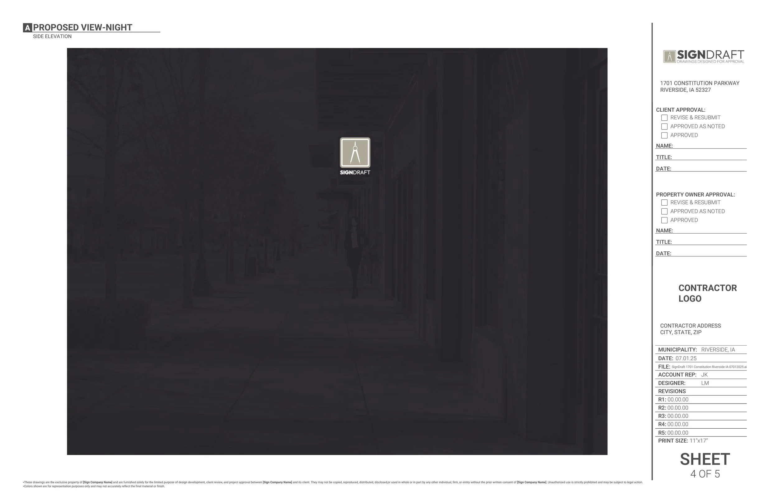 Nighttime sidewalk scene with a pedestrian walking past a lit sign that reads 'SIGN DRAFT' and has an icon of a person with a compass.