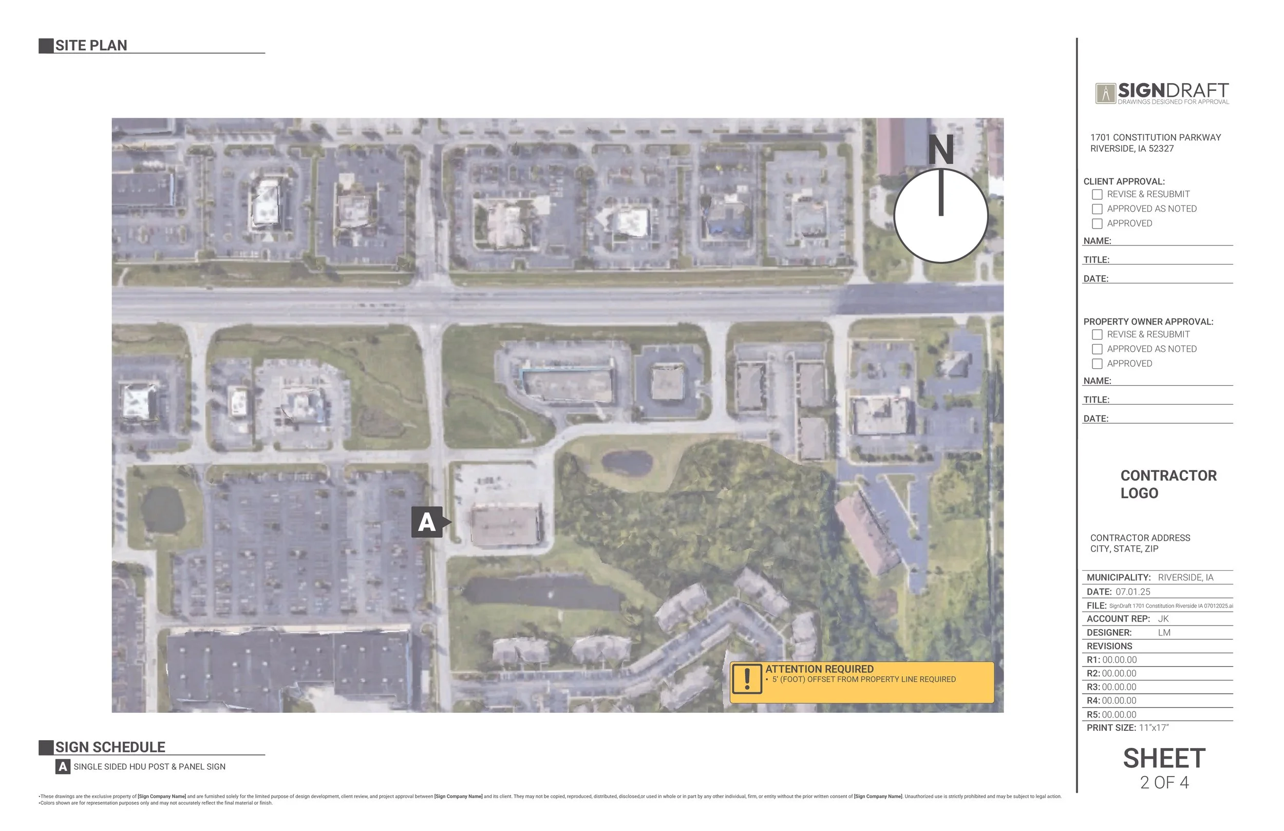 A site plan map showing a section of Riverside, Iowa, with various buildings, roads, parking lots, green spaces, and a pond, marked with a black icon labeled 'A' indicating a single-sided HDU post and panel sign.