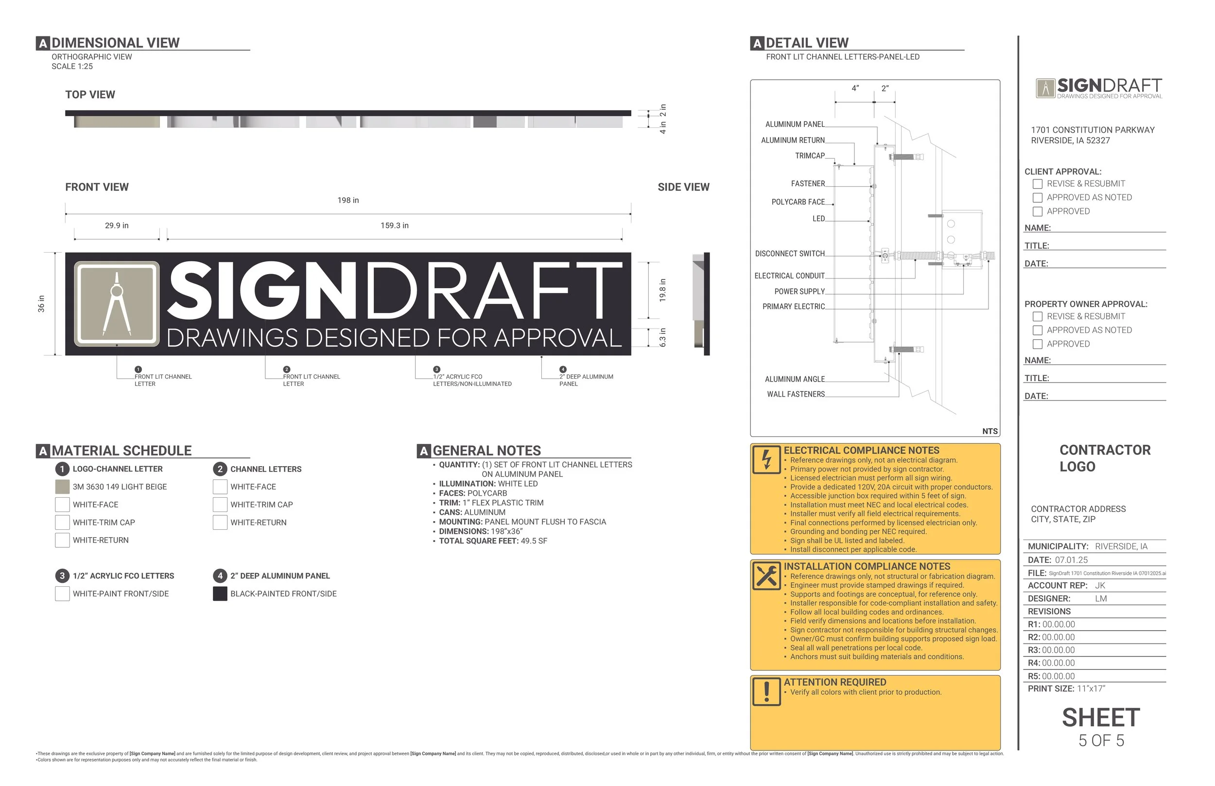 Construction drawing for an illuminated sign reading "SIGN DRAFT DRAWINGS DESIGNED FOR APPROVAL" with sections showing dimensions and technical details.
