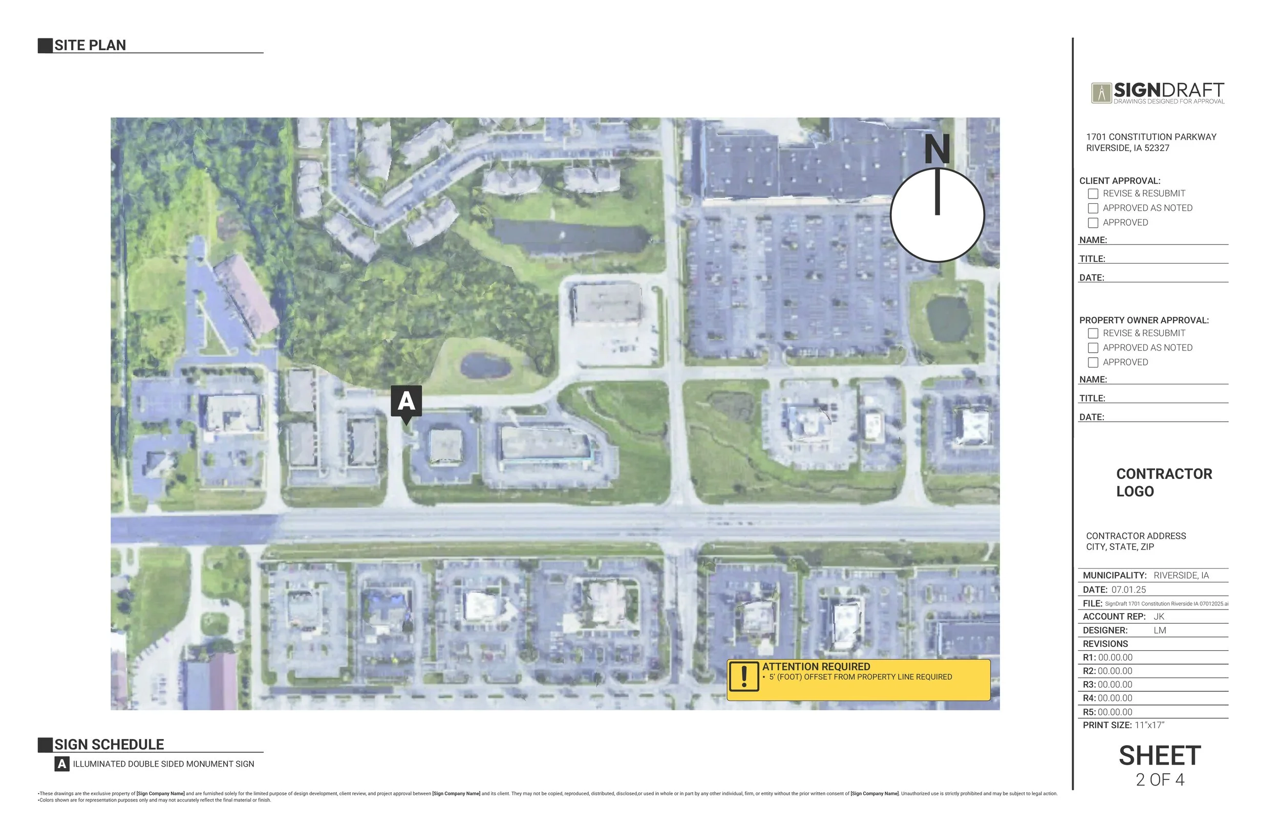 A site plan map of a neighborhood or urban area, showing streets, buildings, green spaces, and parking lots, with a marker labeled 'A' indicating the location of a monument sign.