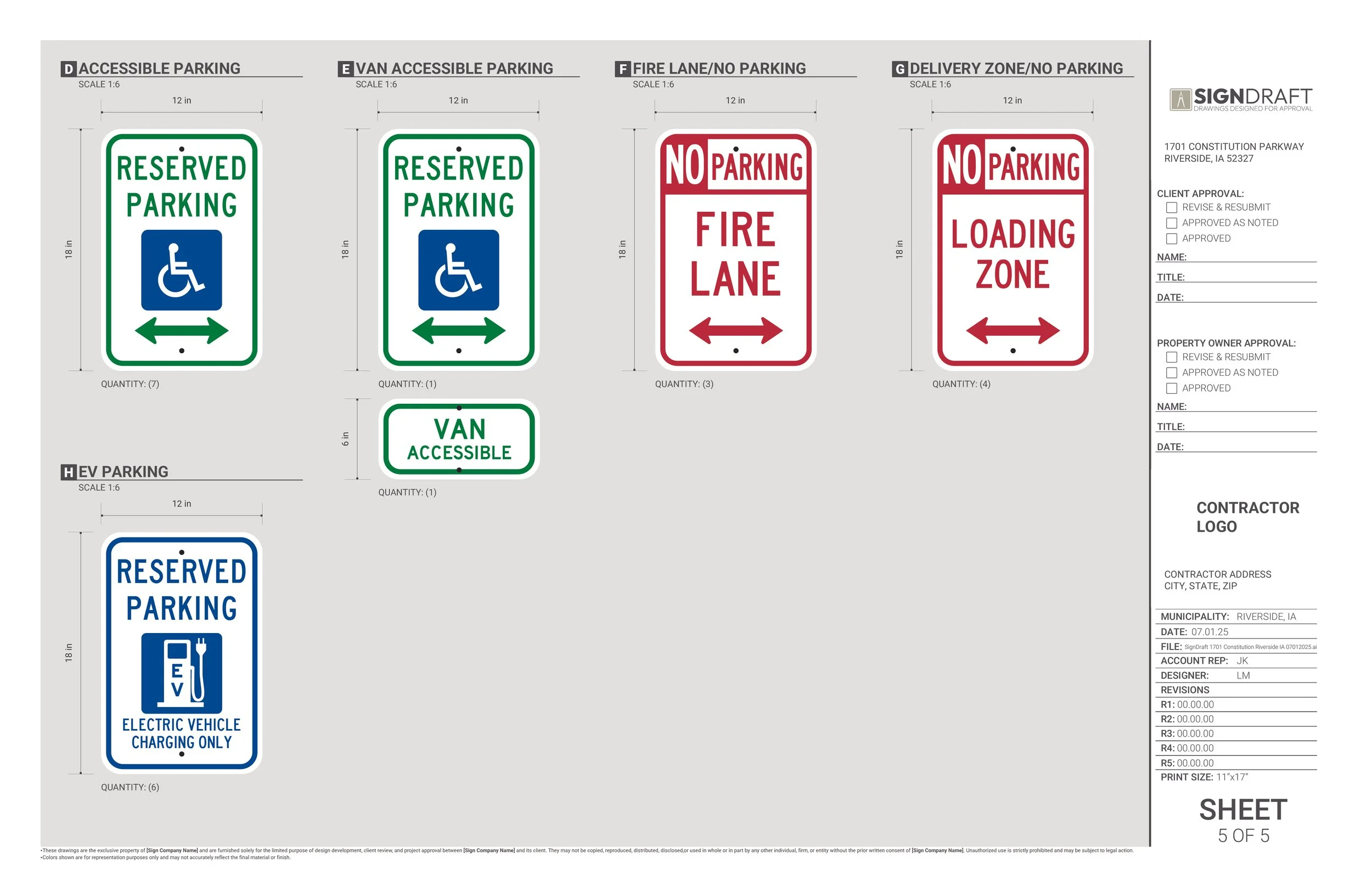 Design sketches of various parking signs, including Accessible Parking, Van Accessible, Fire Lane No Parking, Loading Zone No Parking, and Electric Vehicle Charging Only, with measurements and quantities indicated.