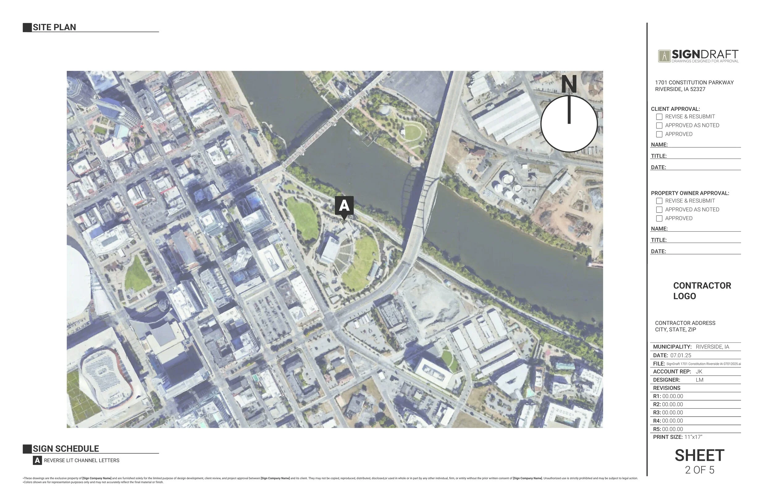 A site plan map showing an urban area with a river running through it, parks, and buildings. A black label with the letter 'A' points to a specific location on the map.
