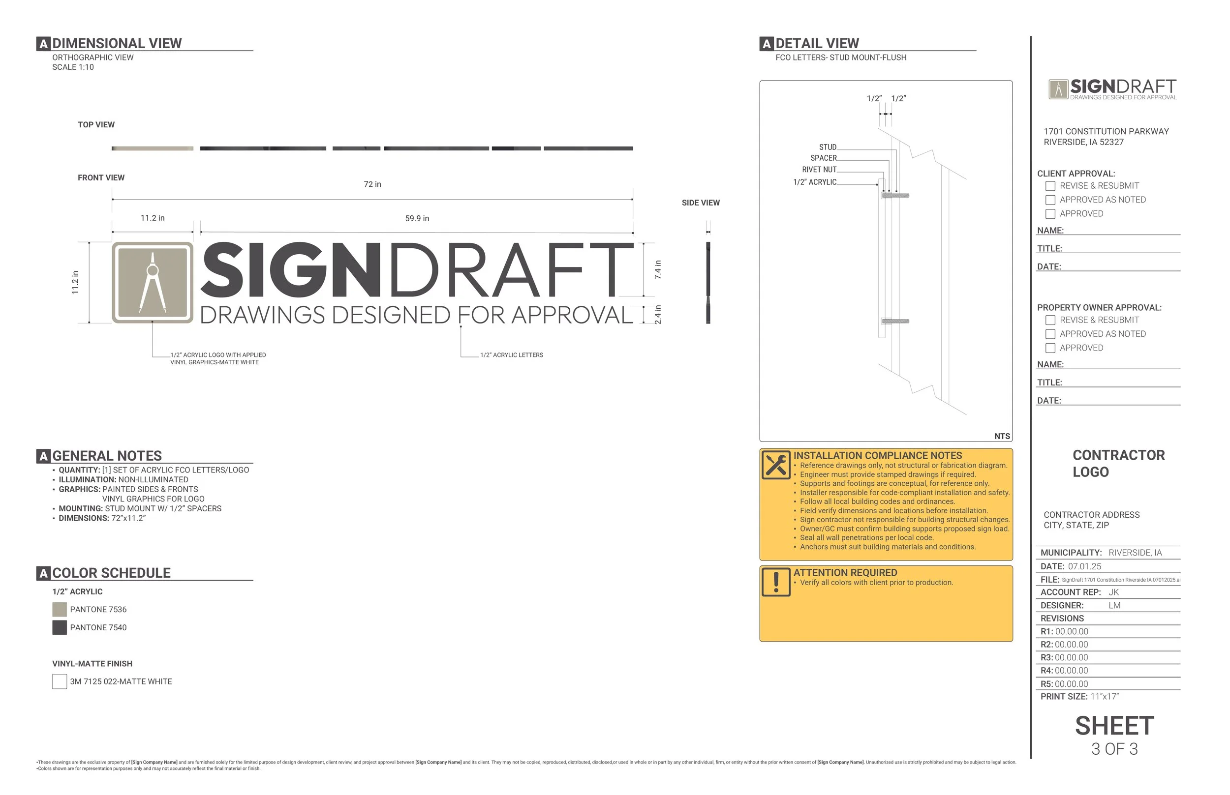 Technical drawing of a sign with the text 'SIGNDRAFT DRAWINGS DESIGNED FOR APPROVAL'. The sign features a logo with a compass icon, and detailed measurements and notes for manufacturing and installation.