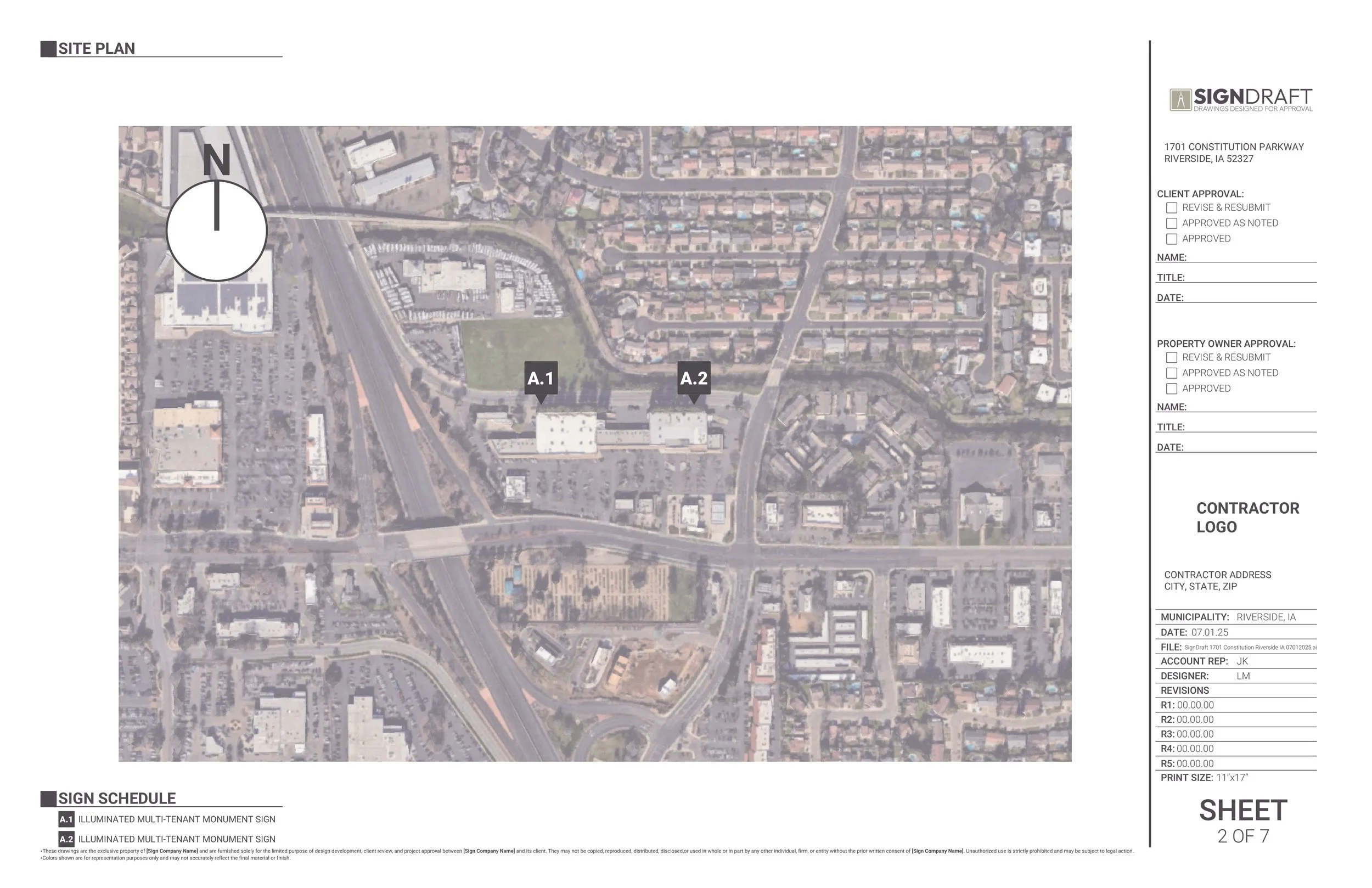 Site plan image showing aerial view of a commercial area with labels A.1 and A.2, streets, parking lots, and buildings, including a golf course.