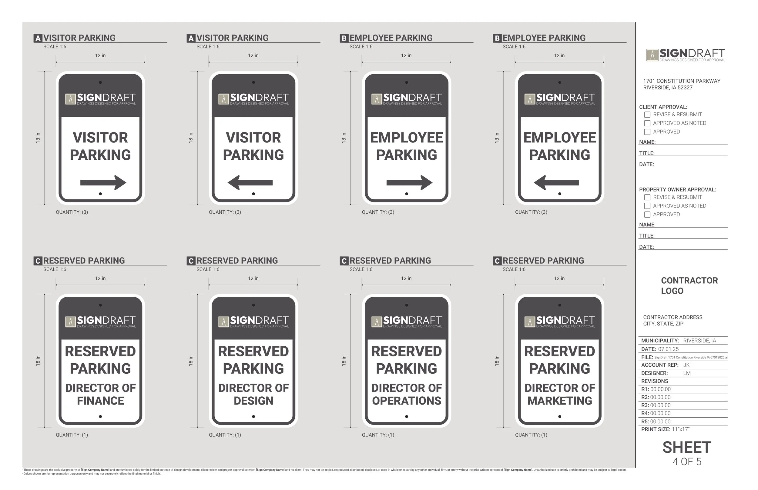 Design sheet for parking signs showing options for Visitor, Employee, Reserved parking with directional arrows and titles for finance, design, operations, marketing, including company logo and approval fields.