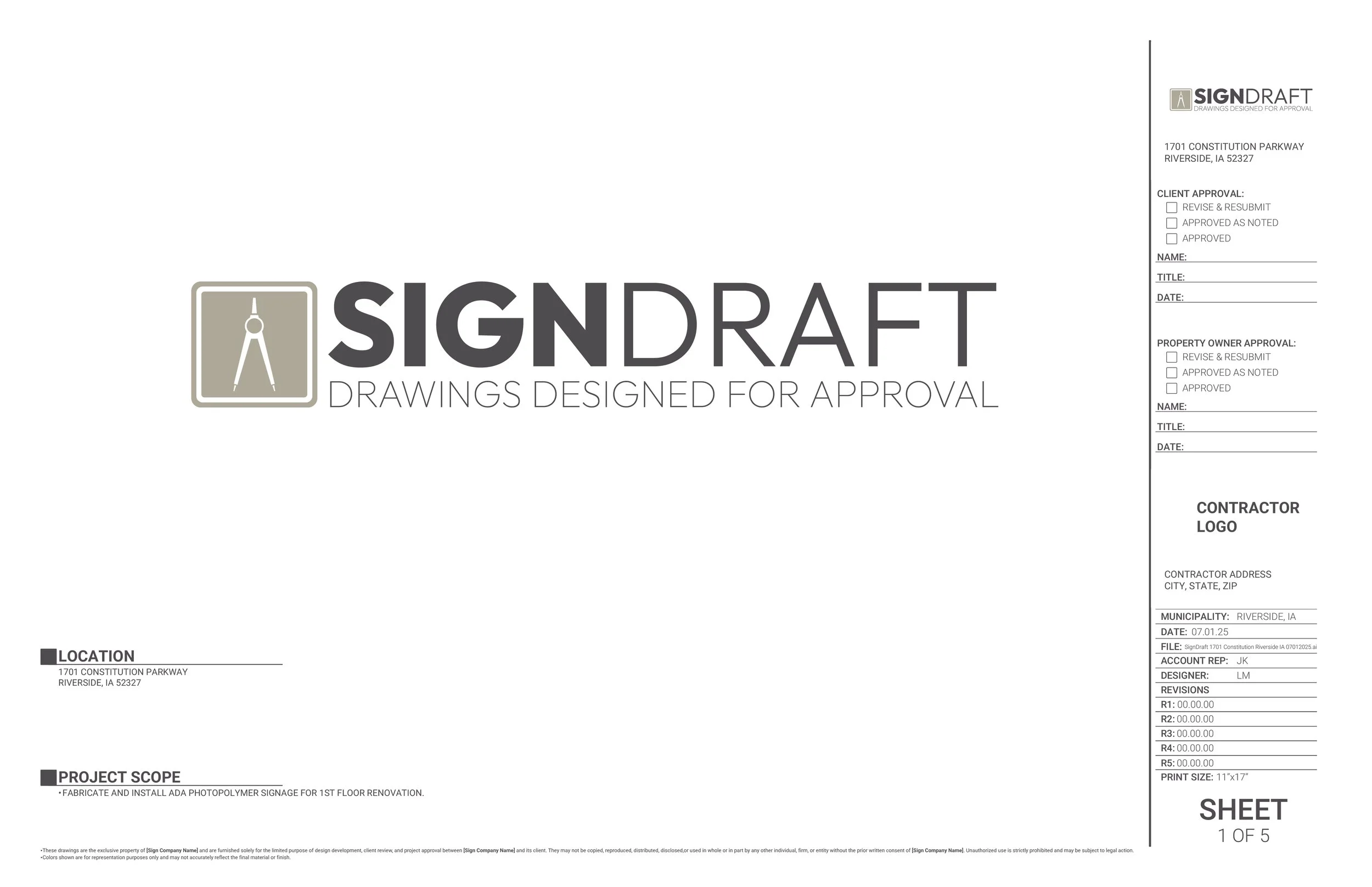 Construction drawing plan titled "SignDraft" with logo featuring drafting compass, project details, approval checkboxes, and location and project scope information for a renovation at 1701 Constitution Parkway, Riverside, Iowa.