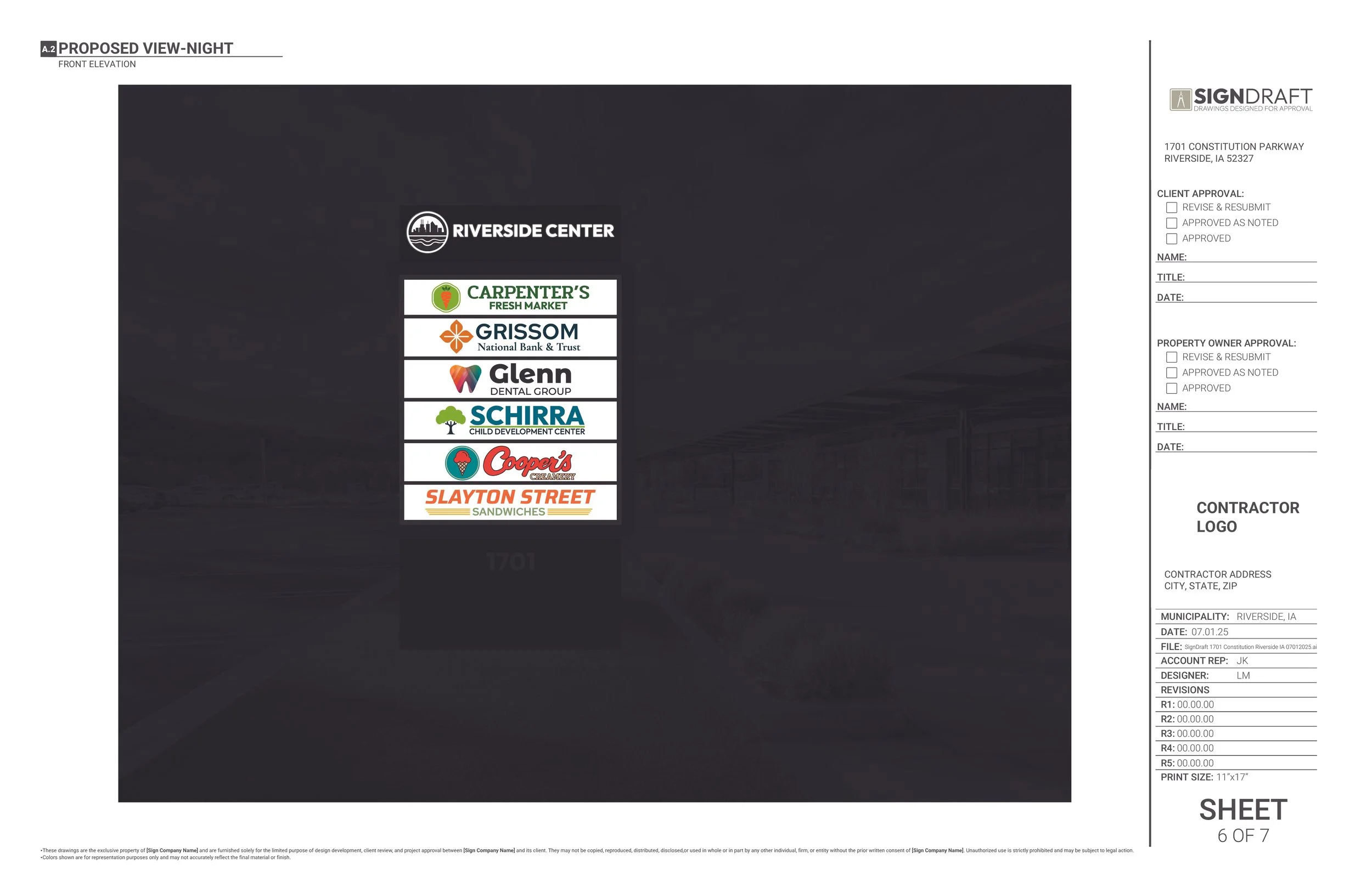 Proposed night view elevation drawing for Riverside Center with logos of Carpenter's Fresh Market, Grissom National Bank & Trust, Glenn Dental Group, Schirra Child Development Center, Cooper's, and Slayton Street Sandwiches.
