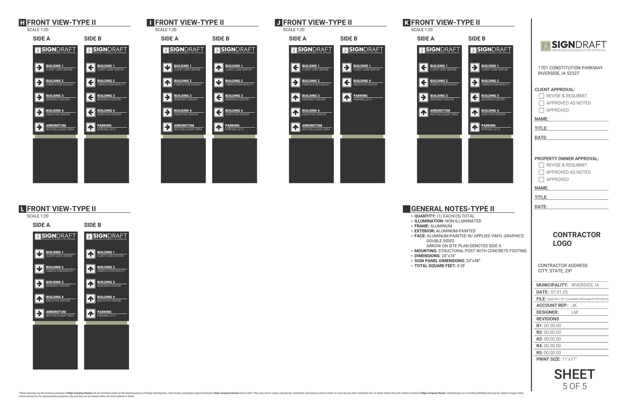 Architectural signage plan layout with multiple directional signs for a building complex, including instructions for client approval, property owner approval, contractor logo, general notes, and project details, organized into several columns labeled from front view type II to front view type II.