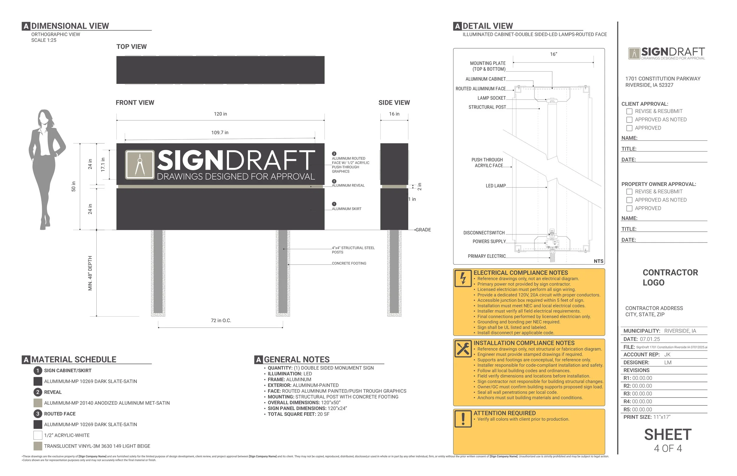 Technical drawing of an illuminated outdoor sign with specifications, dimensions, and installation details, including side, front, and top views, and notes on materials and electrical requirements.