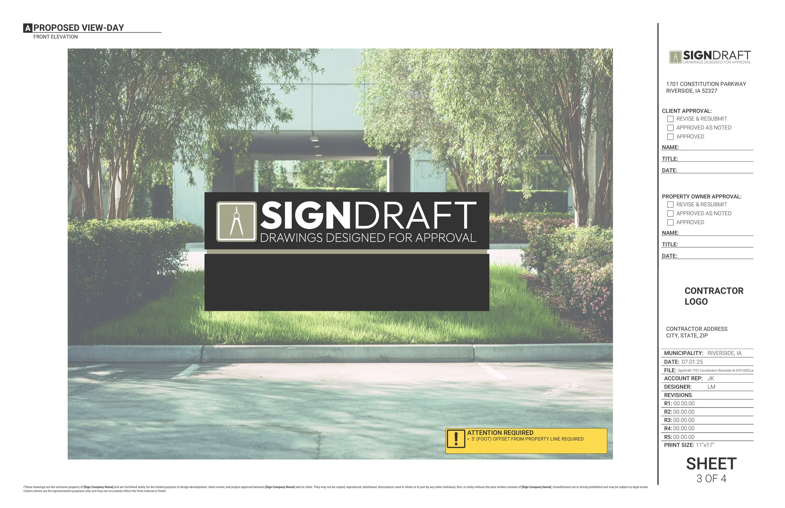 Architectural drawing of a proposed outdoor sign with the logo 'Sign Draft, Drawings Designed for Approval' in front of a landscaped area with trees and shrubs.