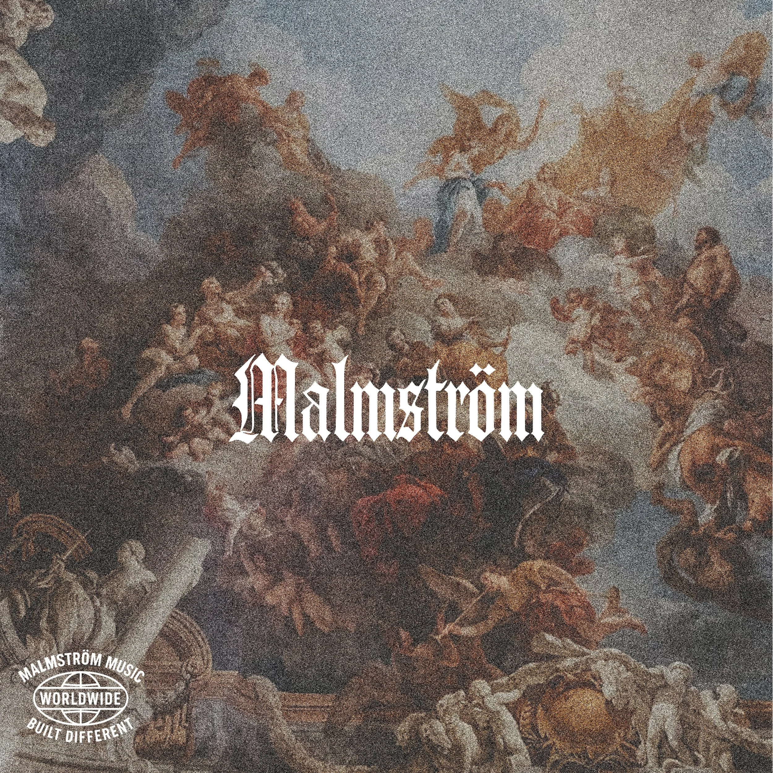 Baroque style painting featuring angels, cherubs, and classical figures with the word 'Malström' overlaid in gothic font. Circulation logo in bottom left corner reading 'Malström Music Worldwide Built Different.'