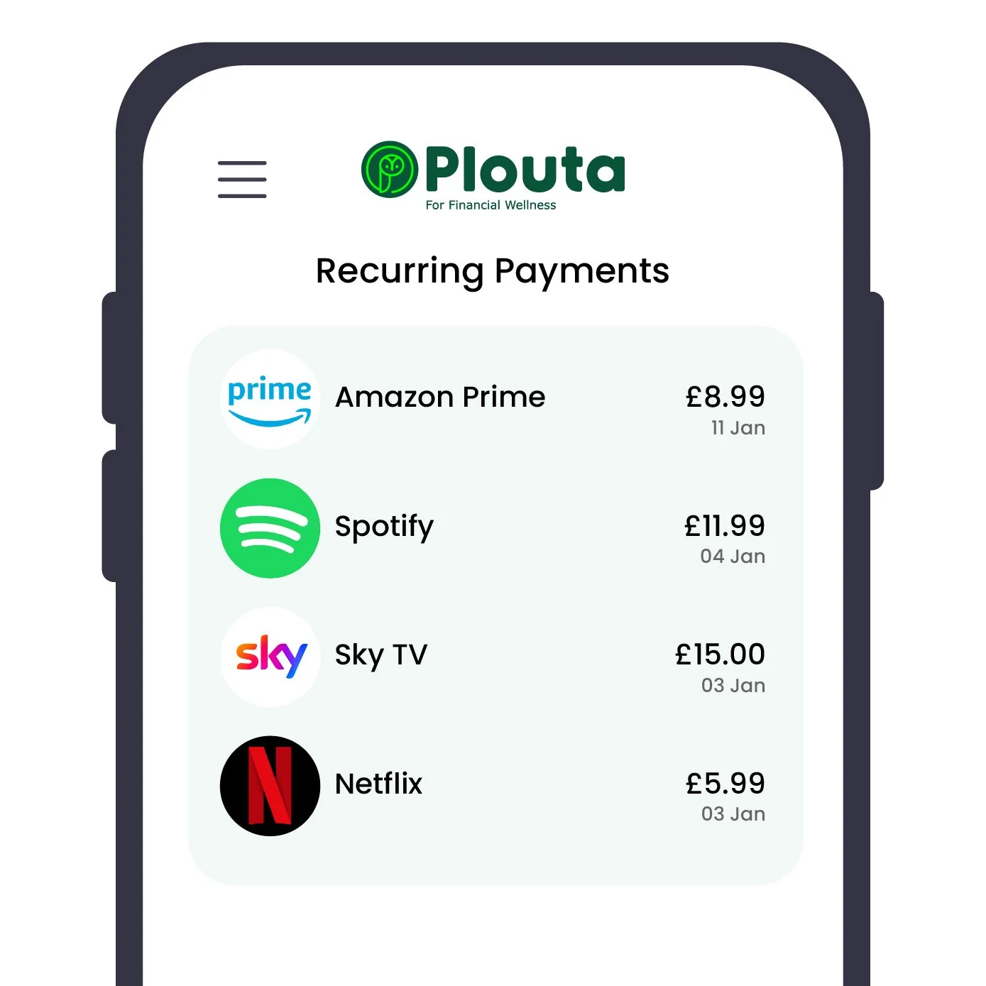 Plouta recurring payments app screen