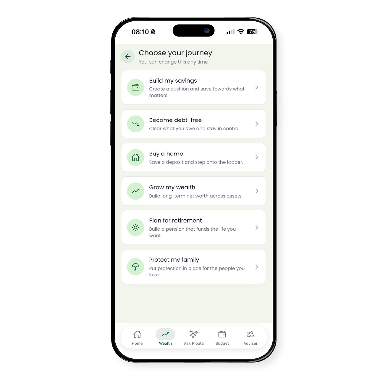 Plouta financial planning app helping users track wealth, set goals and receive personalised financial insights.