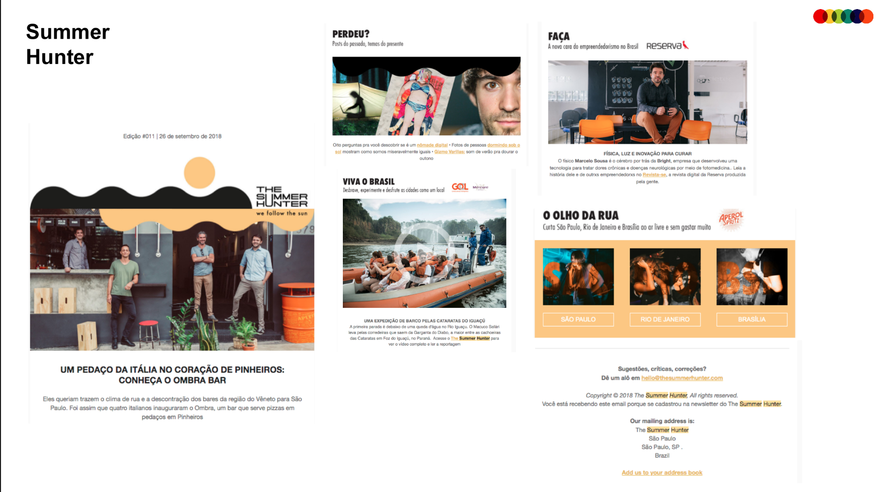 Página de uma revista com título "Summer Hunter" e uma foto de quatro homens em um bar ao ar livre, com plantas e móveis de madeira. Texto na página fala sobre um bar chamado Ombra em Pinheiros, São Paulo, e sobre a história do local.