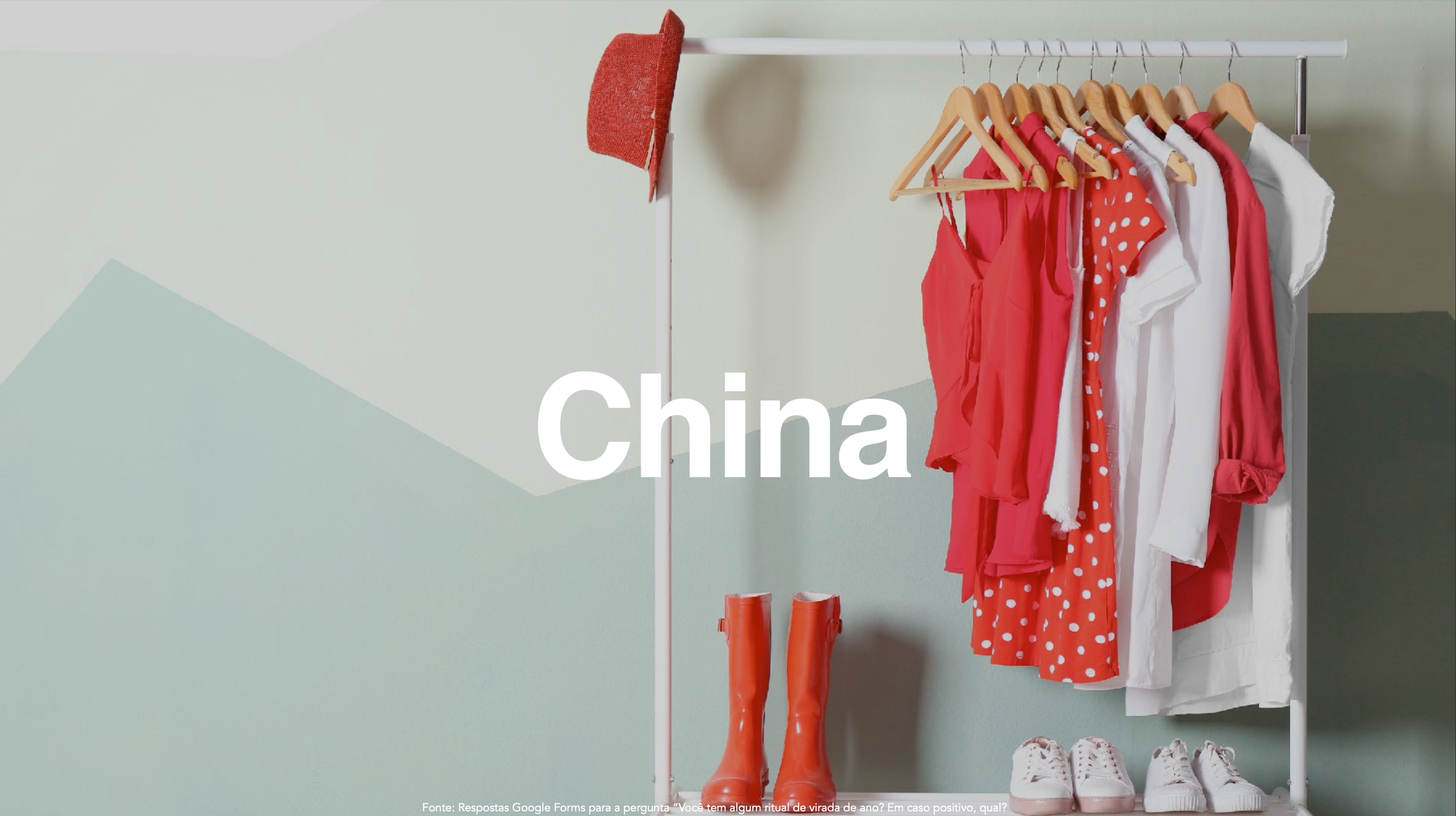 Ganchos com roupas vermelhas e brancas penduradas em uma sapateira de metal branca, com botas e tênis na base, e um chapéu vermelho pendurado na lateral.