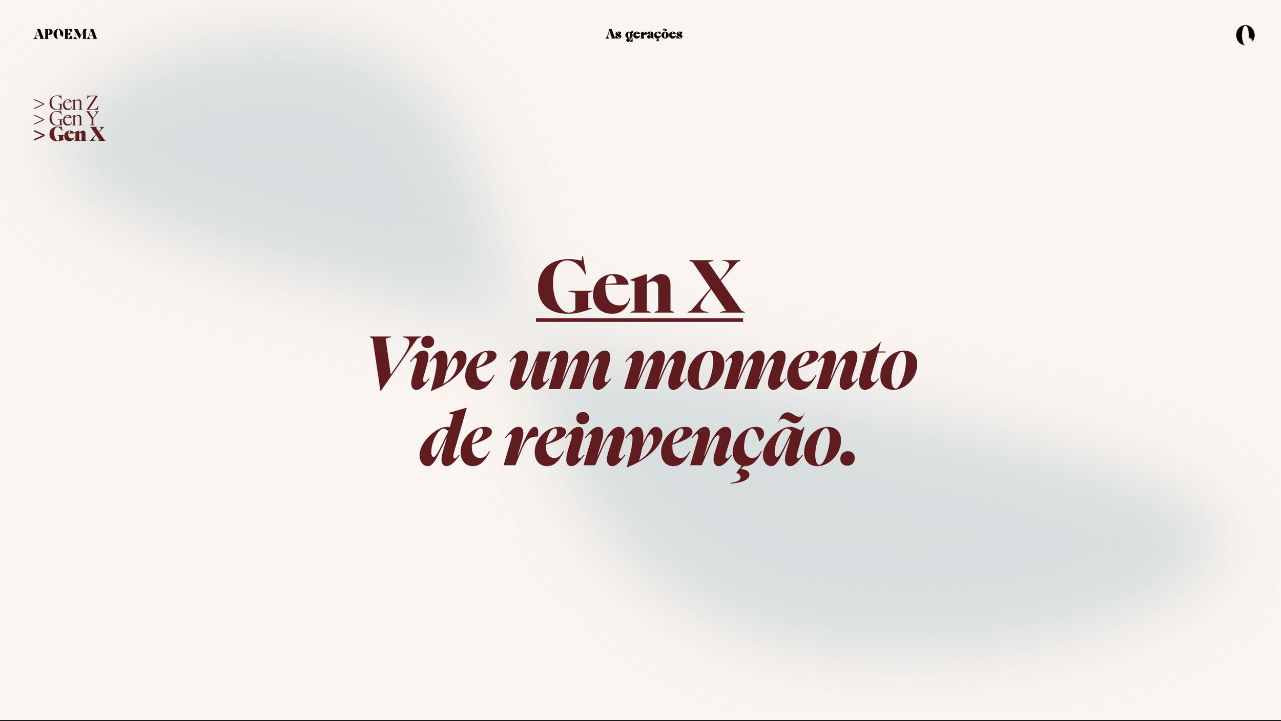 Página de um site com o título "Gen X Vive um momento de reinvenção" em destaque centrale, com fundo claro que mistura tons de bege e cinza suave, núcleo de texto com diferentes tamanhos e estilos de fontes, e pequenas seções de texto na parte superior, incluindo nomes e categorias.