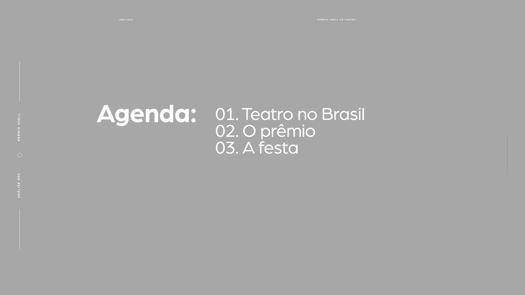 Imagem de uma tela cinza claro com o título "Agenda" em branco e letra grande, seguida de uma lista numerada com três tópicos: 1. Teatro no Brasil, 2. O prêmio, 3. A festa. No canto superior esquerdo, há a data "ABR. 2022" e, no canto superior direito, o texto "PRÊMIO SHELL DE TEATRO". No lado esquerdo, na vertical, os textos: "PRÊMIO SHELL" e "ANÁLISE EPS".