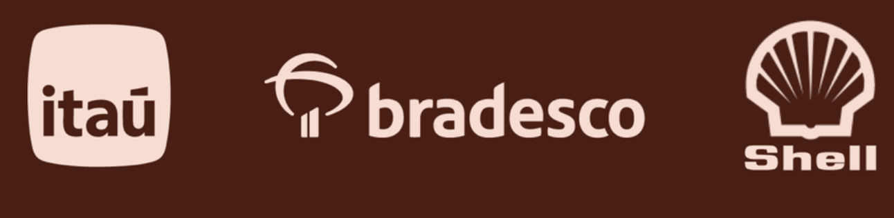 Logotipos das empresas Itaú, Bradesco e Shell em fundo marrom.