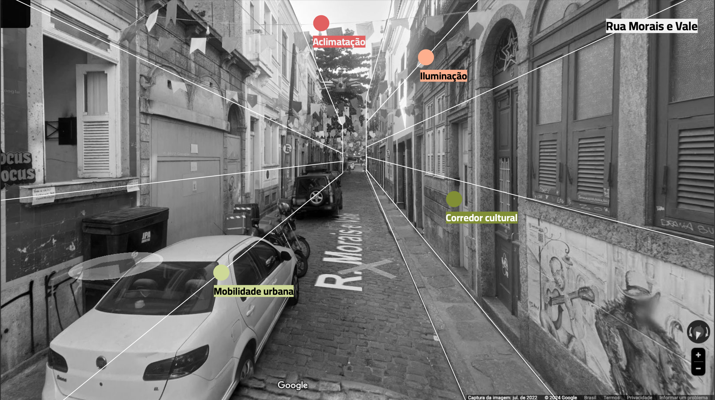 Rua estreita de paralelepípedos no centro de uma cidade, com carros estacionados ao lado de edifícios antigos, varandas com janelas de vidro, e iluminação pública pendurada. No canto inferior direito, um mural de arte urbana grafitada na parede.