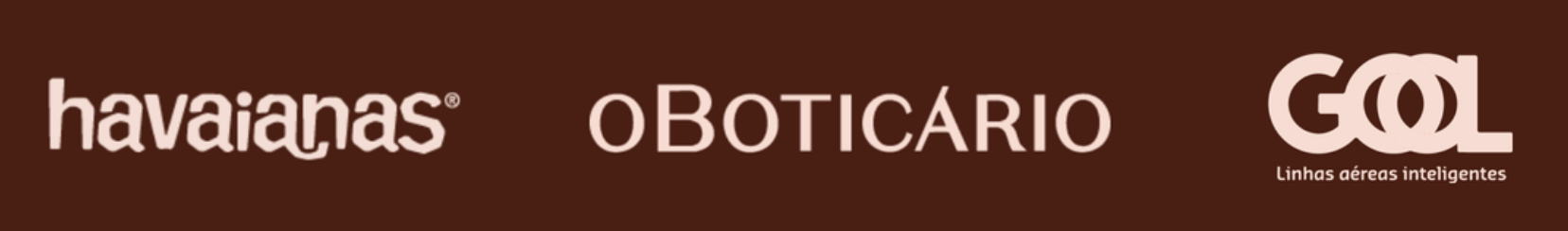 Logos de marcas de calçados e roupas: Havaianas, O Boticário e GOL Linhas Aéreas.