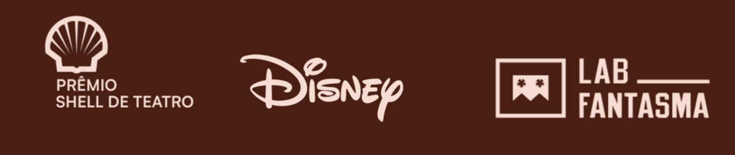 Logotipos de eventos e empresas, incluindo Shell, Disney e Lab Fantasma, em fundo marrom.