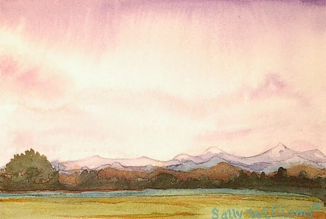 A watercolor painting of a scenic landscape with a pink and purple sky, distant mountains, and trees in the foreground.