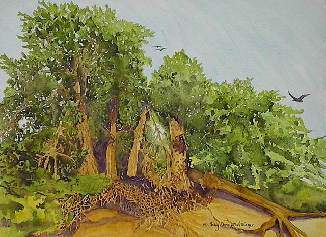 Watercolor painting of a large fallen tree with green leafy bushes and trees in the background, and a bird flying in the sky.