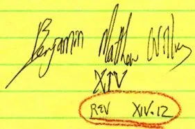 Handwritten notes on yellow lined paper with signature, Roman numerals XIV, circled text 'REV XIV.12'.