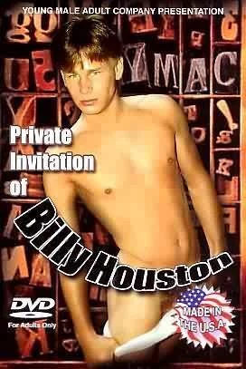 A young shirtless male model on a promotional DVD cover titled 'Private Invitation of Billy Houston,' featuring bold text and a background with letter blocks.