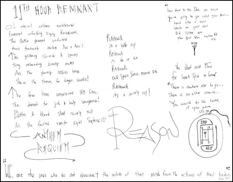 Handwritten poetic text and doodles, including a circle with a cross, a vertical line inside, and a numbered illustration, with various notes and signatures.