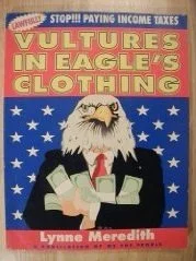 Book cover titled 'Vultures in Eagles' Clothing' by Lynne Meredith, featuring an eagle in a business suit with American flag stars in the background.