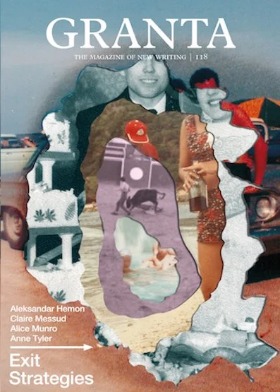 Collage of torn magazine pages forming the cover of GANT Magazine, featuring a man in a suit, a woman in a red dress, a dog, and various other images and text.